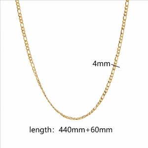 Detail of 4mm gold Figaro chain showing 440mm plus 60mm length on white background