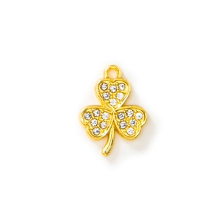 Golden clover pendant with sparkling rhinestones and top loop on white background