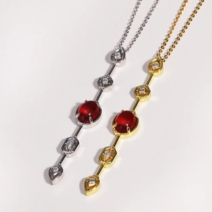 18K gold plated copper necklace with red ruby and clear zircon geometric pendants
