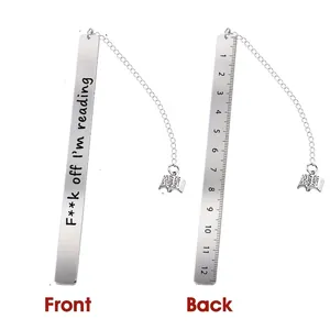 Polished stainless steel ruler bookmark with chain and engraved humorous quote