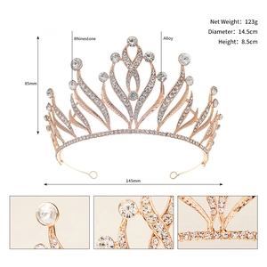 Detailed size specifications and macro view of the rose gold rhinestone bridal crown