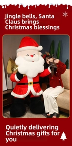 Close-up of a giant Santa Claus plush toy with gift bag for Christmas decoration