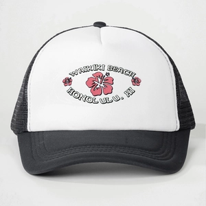 Casquette trucker unisexe noir et blanc avec hibiscus rose et imprimé Waikiki