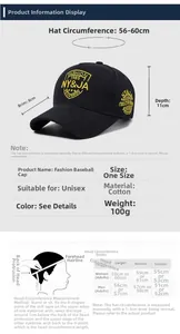 Size chart for black cotton baseball cap with NY&JA embroidery and head measurement guide