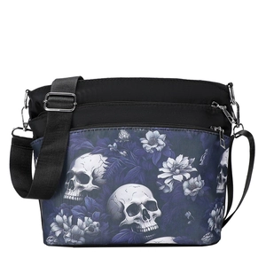 Sac à bandoulière chic en tissu Oxford noir avec motif tête de mort et fleurs