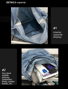 Detail view of large capacity washed denim shoulder bag showing internal storage capacity