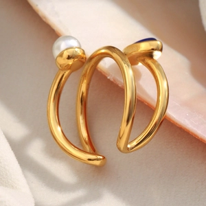 18K gold plated stainless steel open ring with white pearl and blue lapis lazuli gemstone