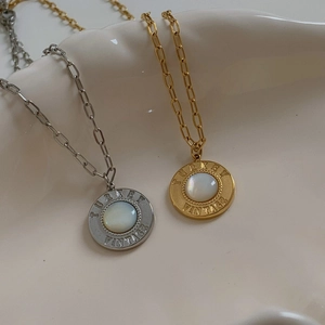 Vintage Stainless Steel Round Pendant Necklace With Mother Of Artificial Pearl Inlay Engraved Lettering Clavicle Chain For Women