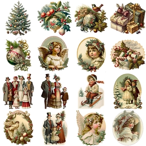 Set of 16 vintage Christmas stickers featuring retro angels and festive trees on white back