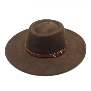 Elegant Wide Brim Boater Hat For Women Men Faux Suede Felt Flat Top Jazz Fedora With Faux Leather Belt Gold Buckle Vintage