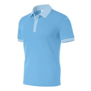 Detail of light blue mesh polo shirt featuring contrast collar and breathable fabric