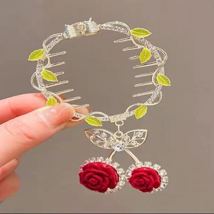 Golden hair claw clip with velvet red roses and rhinestone butterfly pendant decor