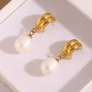 Elegant 18K gold plated stainless steel pearl drop earrings on white jewelry box