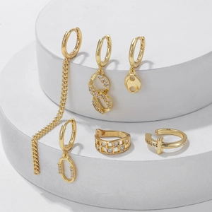 6Pcs Set Individual Geometric U-Shaped Zirconia Inlaid Copper Hoop Earrings For Women Personality Gold Silver Plated Chain Design Earrings Jewelry
