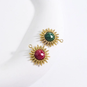 14K gold-plated stainless steel sunburst pendants with red and green crystal stones