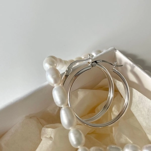 Detail of S925 sterling silver hoop earrings and white pearl necklace in a gift box