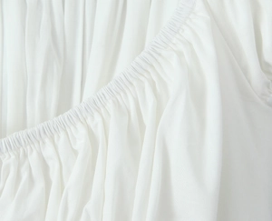 Vue macro détaillée de la texture élastique smockée blanche sur cette robe douce