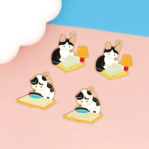 Cute enamel cat reading a book DIY charms with desk lamp for keychain accessories