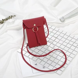 Deep red lychee texture leather mobile phone crossbody bag with tassel and gold ring