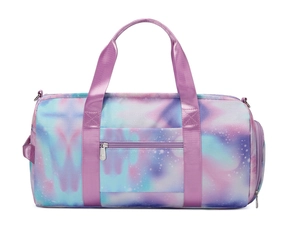 Détail du sac de voyage imperméable avec imprimé tie-dye pastel et poignées robustes