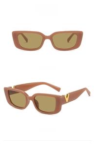 Front and 45-degree side view of tea-colored oversized square sunglasses with gold V-logo