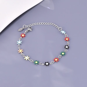 Bracelet chaîne marguerites colorées en acier inoxydable avec fermoir mousqueton