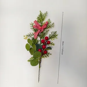 30cm artificial Christmas pine branch with red berries and a red plaid fabric bow