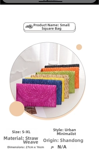 Detailed view of woven straw clutch bags in multiple vibrant colors and 27x16cm dimensions