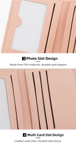 Pink quilted wallet interior featuring multiple card slots and a clear ID photo window