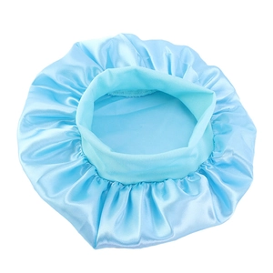 Elastic wide-band light blue satin sleep cap for toddlers with silky texture finish