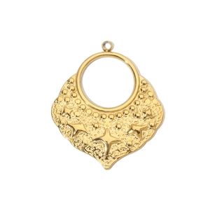 Macro view of gold shield pendant featuring embossed star patterns and glossy metal finish