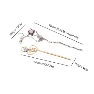 Elegant vintage metal hair sticks with floral and heart designs in silver and gold tones