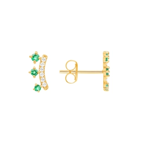 Close-up of golden crown earrings with green gemstones and white zircon accents