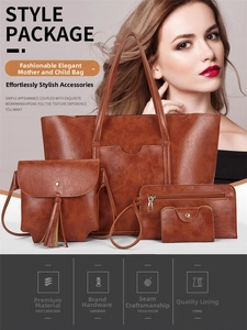Detail of 4-piece brown oil wax leather bag set with tote, crossbody and tassels