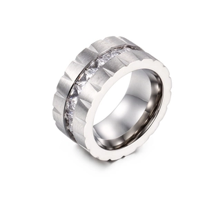 Silver frosted titanium steel wide ring featuring square zirconia inlay for women