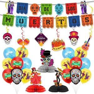 Detailed set of Dia de los Muertos party decorations including banners, balloons, and honeycomb