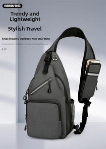 Detail of dark grey crossbody chest bag with front zipper pocket and side mesh pouch