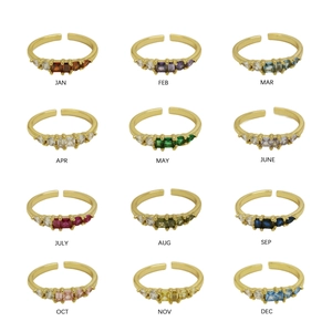 Adjustable 18K gold plated birthstone ring set with colorful baguette cut zircons