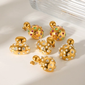 Vintage Gold Plated Stainless Steel Stud Earrings With Colorful Rhinestones And Imitation Artificial Pearls Fashion Luxury Jewelry For Women