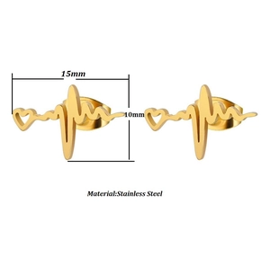 Detailed size view of gold stainless steel heart heartbeat stud earrings 15mm by 10mm