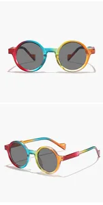 Detail view of round rainbow gradient frame sunglasses with dark grey lenses