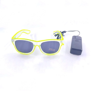 Neon yellow LED glasses with black UV400 lenses and external battery controller cord