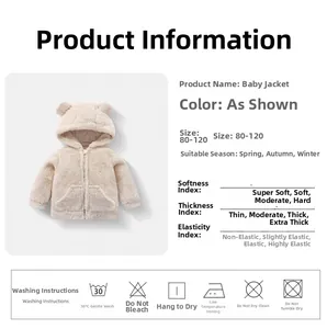 Detail view of cream plush baby hooded jacket with cute bear ears and sizing chart