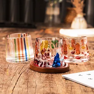 Rotating Whiskey Glass With Wooden Base Hand Painted Colorful Glassware Decompression Rocking Tumbler Bar Accessories