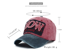 Detailed size specifications of retro washed baseball cap with NOW patch embroidery