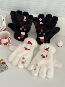 Close-up of thick plush snowman gloves with festive 3D red hats and checkered buttons