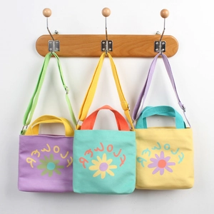 Kids Crossbody Bag Canvas Flower Print Cute Handbag Adjustable Strap Candy Color Sweet For Girls
