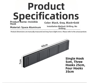 Detailed size chart of a 5-hook space aluminum folding wall rack in black and gold