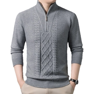 Grauer Herren-Strickpullover mit Reißverschluss, Zopfmuster und Rautenstruktur