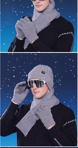 Close-up and fit of men's winter knitted hat, scarf, and gloves set in light grey
